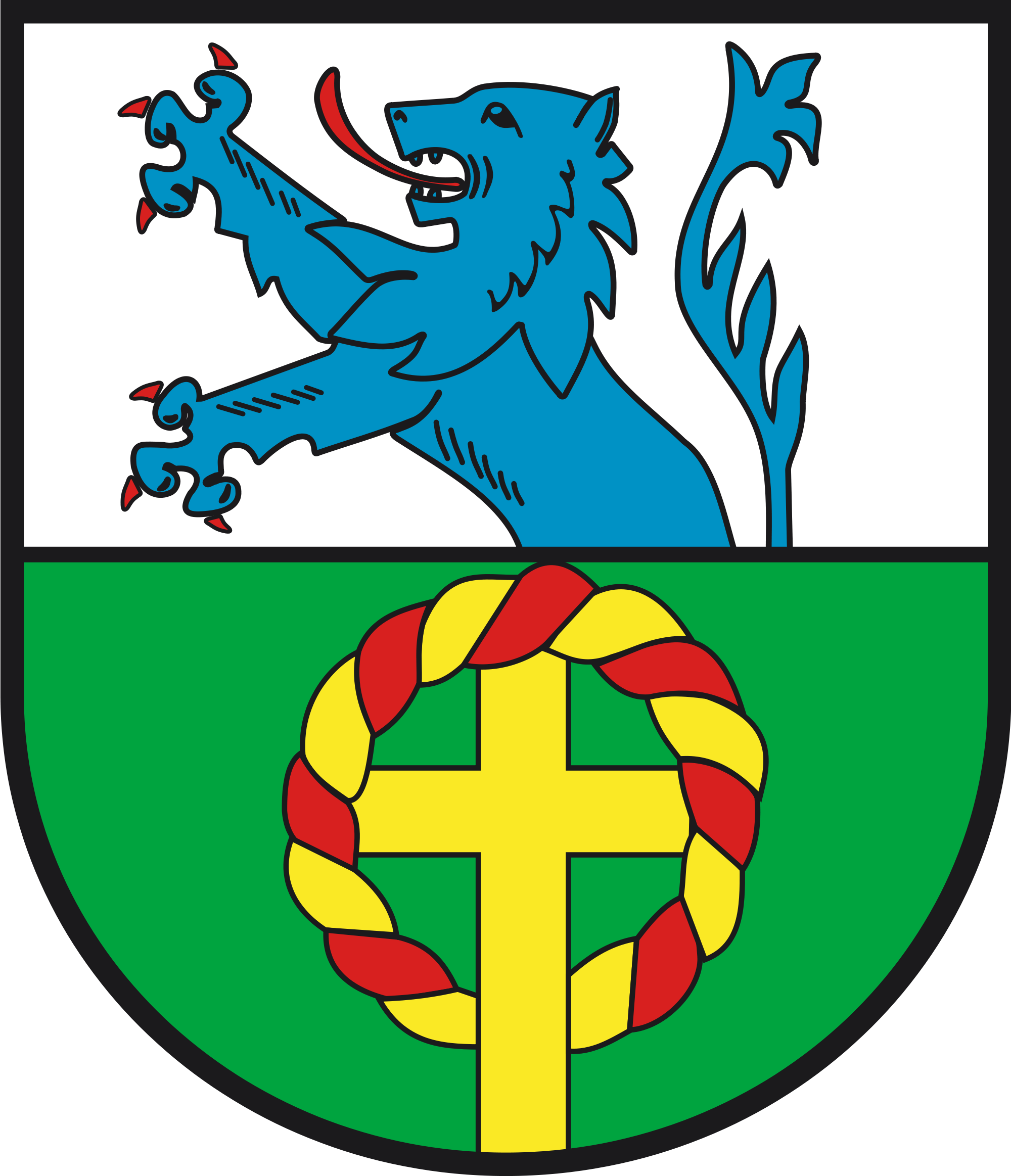 Rückweiler Wappen, blauerlöwe und Erntedankkreuz